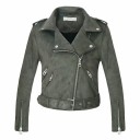 Women's Biker Jacket in Faux Leather with Suede Look Short Jacket with Belt and Metal Buckle Diagonal Zip Epaulettes and Zips 2