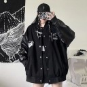 Women's Black Baseball Jacket with Leather-Look Sleeves and White Heart Motifs Loose Fit Press Stud Fastening Ribbed Hems Polyester 5