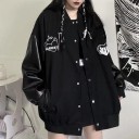 Women's Black Baseball Jacket with Leather-Look Sleeves and White Heart Motifs Loose Fit Press Stud Fastening Ribbed Hems Polyester 6