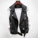 Women's Black Faux Leather Vest Biker Cut with Asymmetrical Zip Lapel Collar with Snaps Zip Pockets Buckle Belt 2