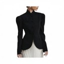 Women's Blazer with Stand-up Collar and Gathered Shoulders Button Closure with 4 Buttons Fitted Cut Rounded Hem Polyester Black For the Office 1