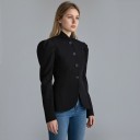 Women's Blazer with Stand-up Collar and Gathered Shoulders Button Closure with 4 Buttons Fitted Cut Rounded Hem Polyester Black For the Office 8