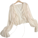 Women's Blouse V-Neck Long Sleeve Sheer Loose Fit Ruching Tie Detail Plain 7