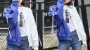 Women's Bomber Jacket in Hip-Hop Style Two-Tone Design Print with Portrait on the Back Ribbons on the Sleeves Loose Fit Polyester and Cotton 16