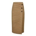 Women's Check Pencil Midi Skirt with Wrap and Buttons Brown Subtle Pattern Wool and Polyester Elegant Skirt for Every Day 1