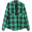 Women's Checked Blouse with Long Sleeves Loose Fit Lacing at the Neckline Two Chest Pockets with Flaps Stand-Up Collar Cotton and Polyester 4