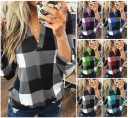 Women's Checked Shirt with V-Neck and Collar Long Sleeves Large Checks in Combination with Black and White Loose Fit Polyester 7