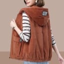 Women’s Corduroy Gilet with Hood for Spring Relaxed Fit Full-Length Zip Fastening Two Large Front Pockets Gathered Hem Polyester and Cotton 5