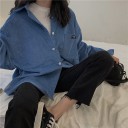 Women's Corduroy Shirt in a Loose Oversized Cut Long Sleeves Chest Pocket with Patch Button Fastening Cotton and Polyester 2
