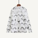Women's Cotton Shirt with Cartoon Face Print White with Black Drawing Long Sleeves Classic Collar Button Fastening 2
