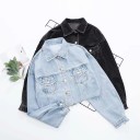 Women's Cropped Denim Jacket with Frayed Hem Loose Fit with Dropped Shoulders Chest Pockets with Flap Button Fastening Cotton 3