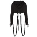 Women's Cropped Gothic Hoodie with Hood Lacing on Sleeves Hanging Straps with Metal Eyelets and Carabiners Long Sleeves Black Polyester 3