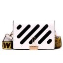 Women's crossbody bag with contrasting diagonal stripes Decorative clip on the flap Wide strap PU leather and polyester 19 x 15 x 7 cm 1