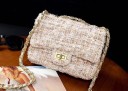 Women's Crossbody Bag with Flap and Chain Strap Structured Fabric with Tweed Appearance Metal Fastening Wool and PU Leather 2
