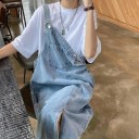 Women's Denim Dungaree Dress Loose Fit Oversized Design Midi Length Stylish Pocket at the Front Comfortable Everyday Wear Fashionable Streetwear 3