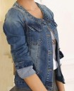 Women's Denim Jacket Blue Short Fitted Cut Round Neckline Without Collar Washed Look Button Fastening Long Sleeves 1