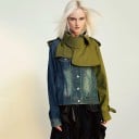 Women’s Denim Jacket with Trench Coat Elements Asymmetrical Cut High Collar Breast Flap Epaulettes Sleeve with Buckle Made of Cotton 4