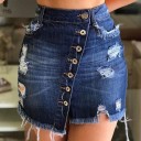 Women's Denim Mini Skirt with Diagonal Row of Buttons Asymmetrical Cut Distressed Details Frayed Hem Front Pockets Belt Loops 2