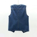 Women's Denim Waistcoat Without Collar Deep V-Neck Metal Buttons in Antique Gold Shade Two Patch Pockets Pointed Lower Hem 3