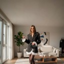 Women's Extended Blazer with White Lace Ruffle Lapels and Pockets Rounded Hem Polyester Black For Office and Social Events 7