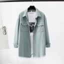 Women's Extended Shirt Denim Jacket with Frayed Hem Chest Pockets with Flap Metal Buttons Loose Fit Polyester and Cotton 1