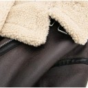 Women's Faux Leather Jacket with Fur and Large Collar on Asymmetrical Zip with Belt and Zip Pockets Oversized Dark Brown with Beige Fur 12