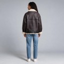 Women's Faux Leather Jacket with Fur and Large Collar on Asymmetrical Zip with Belt and Zip Pockets Oversized Dark Brown with Beige Fur 4