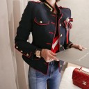 Women's Fitted Navy-Style Jacket in Dark Blue with Red Trim Standing Collar Decorative Metal Buttons Polyester and Cotton 2