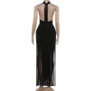 Women's Fitted Sleeveless Dress with Roll Neck and Long Fringes with Open Back and Gathering at the Sides and Scarf from the Neck 8