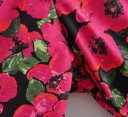 Women's Floral Blouse with Deep V-Neck Three-Quarter Gathered Sleeves Gathered Front Frill at Waist Pink and Black Polyester with Cotton 5
