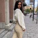 Women's fluffy fleece sweatshirt with a stand-up collar and short zip Loose fit with wide sleeves Shorter length to the waist Creamy white 4