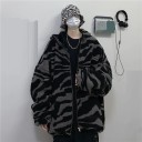 Women's Fluffy Jacket with Zebra Pattern and Hood Oversized Loose Fit Zip Fastening Two Side Pockets Polyester and Cotton For Everyday Use 4
