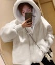 Women's Fluffy Oversized Zip-Up Hooded Coat Warm Faux Fur Coat Knitted Cuffs and Side Pockets For Autumn and Winter 5