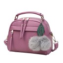 Women's Handbag for Carrying by Hand or Over the Shoulder Decorative Pom-Poms with Leaf V-Shaped Stitching Front Zip Pocket Rounded Shape 5