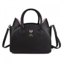 Women's Handbag for Hand and Shoulder in the Shape of a Cat with Pink Ears Gold Decorative Half-Moon Long Strap Artificial Leather 26 x 23 x 14 2