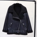 Women's Insulated Faux Leather Biker Jacket with Plush Lining, Wide Collar and Asymmetrical Zip, Zip Pockets and Buckle Belt 1
