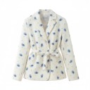 Women's Jacket with Tie Belt Floral Pattern Lapels and Flap Pockets Polyester White with Blue Flowers Suitable for Work and Spring and Summer 2
