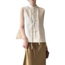 Women's Jacquard Vest in Chinese Style with Stand-Up Collar and Decorative Knot Buttons with Long Ties and Side Slits 5