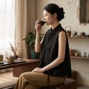Women's Jacquard Vest in Chinese Style with Stand-Up Collar and Decorative Knot Buttons with Long Ties and Side Slits 4