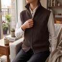 Women's Knitted Gilet with Stand-Up Collar and Double Metal Zip Full-Length Sleeveless Sweater Made of Fine Ribbed Knit with Deep Armholes 4