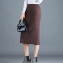 Women's Knitted Midi Skirt with Pockets Ribbed Bodycon Skirt with Elastic Waistband and Slit Viscose with Spandex Elegant Skirt for Work 8