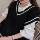 Women's Knitted Sleeveless Vest with a V-neck Contrast Stripes on the Hems Loose Oversized Fit Side Slits Cotton and Polyester 5