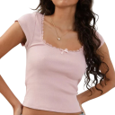 Women's Lace Trim T-Shirt Short Top with Bow Elegant Blouse with Short Sleeves Sexy Fitted Top with Square Neckline 4