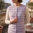Women's Lightweight Down Gilet for Autumn with Full-Length Snap Fastening, Horizontal Stitching and Round Neckline without Collar 7