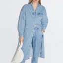 Women's Long Denim Jacket in Shirt Cut Chest Pocket with Flap Dropped Shoulders Long Sleeves with Cuffs Light Blue Polyester 2