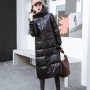 Women's Long Glossy Black Quilted Winter Coat with Hood and High Collar Knee-Length Ribbed Cuffs Pockets Polyester with Cotton and Down 2