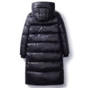 Women's Long Glossy Black Quilted Winter Coat with Hood and High Collar Knee-Length Ribbed Cuffs Pockets Polyester with Cotton and Down 3