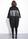 Women's Long Jacket with Wide Three-Quarter Sleeves Loose Fit with Zip and Pockets Ribbed Stand-Up Collar Black Combination of Cotton and Faux Leather 3