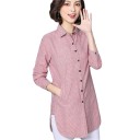 Women's Long Striped Shirt with Long Sleeves Classic Collar Button Fastening Side Pockets Rounded Hem Cotton Casual Style 4
