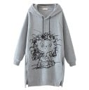 Women's Long Sweatshirt with Embroidery of a Cartoon Girl Hood with Drawstrings Side Pockets and Slits Raglan Sleeves with Cuffs Polyester 2